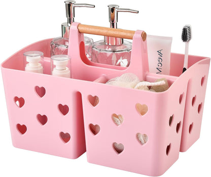 Pink Portable Shower Caddy, Plastic Basket Organizer with Wooden Handle1