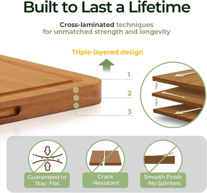 Bamboo Cutting Board, Wood Chopping & Butcher Block for Kitchen | Non Toxic, Resisted-Cracking&Curling, Deep Juice Groove, Side Handles,Cross-Laminated Structure, Knife-Friendly, Gifts Ready6
