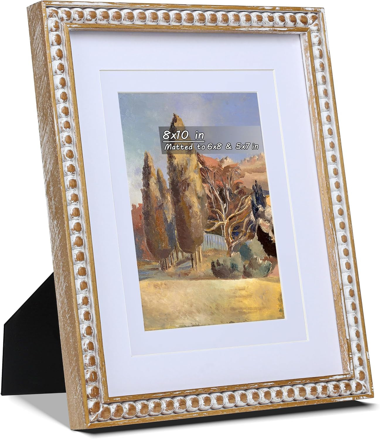 8x10-rustic-picture-frame-with-mat-for-5x7-6x8-farmhouse-boho-deco-distressed-beaded-wooden-real-glass-vertical-or-horizontal-display-photo-gallery-wall-tabletop-frame-natural