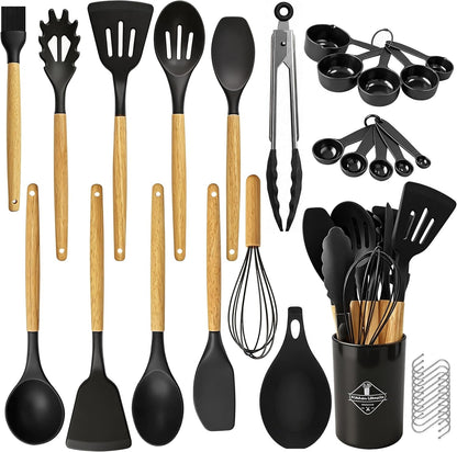 33 Pcs Silicone Kitchen Cooking Utensils Set, Wood Handle & Holder1