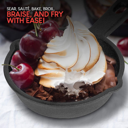 Mini Black Cast Iron Skillet Set with Silicone Mitt (4 Count) - 3.5 Inch Pans, Pre Seasoned Small Skillets for Baked Cookie/Brownie or Cooked Eggs7