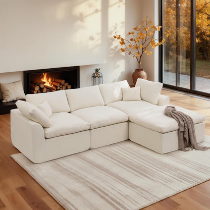 110" Cloud Sectional Couches for Living Room, Modern Modular Sectional Sofa with Ottoman, Boneless Cloud Couch with Comfy Deep Seats, Fluffy Chenille L-Shape Sofa Couch for Living Room, Beige1