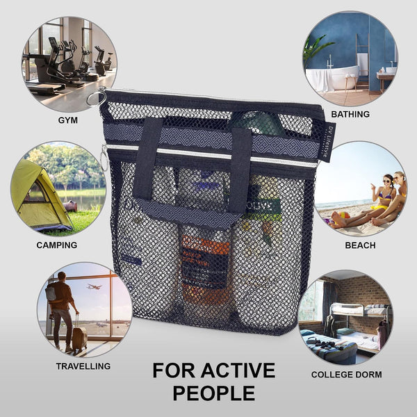 Mesh Shower Bag 10.2X9.9'' Quick-Dry Caddy with Zipper & 2 Pockets. Portable Toiletry Tote for Bathroom, Gym, Travel, Camp, Beach, for Sunscreen, Dorm & College Essentials (Black)4
