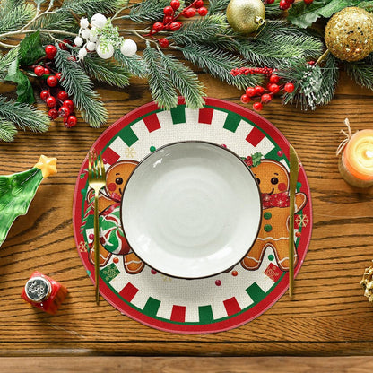 Gingerbread Candy Cane Merry Christmas round Placemats Set of 4, 14 Inch Winter round Table Mats for Dining Decoration2