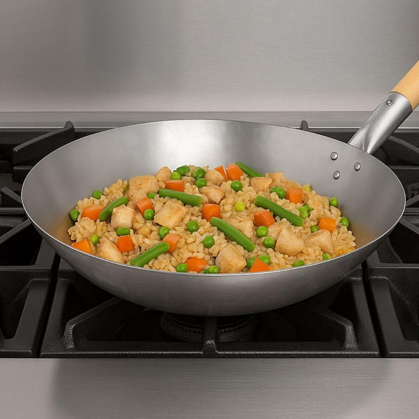 '- 14” Carbon Steel Wok Pan Flat Bottom with Wooden Handle- Chinese Wok Pan Stir-Fry Pans Cookware Saute Pan Ideal for Stovetop Cooking2