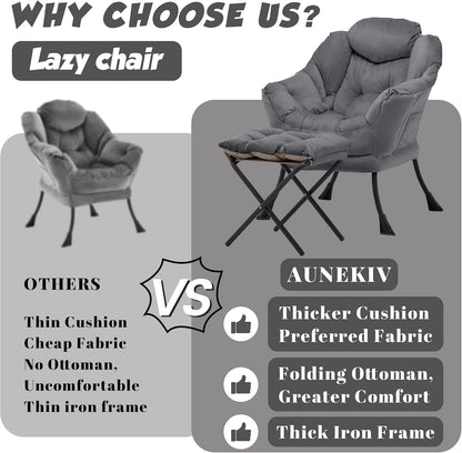 Lazy Chair with Ottoman, Comfy Reading Chair, Darkgrey | Cushioned Seat with Foldable Ottoman and Side Pocket, Lounge Chair for Bedroom, Living Room, Dorm and Small Spaces4