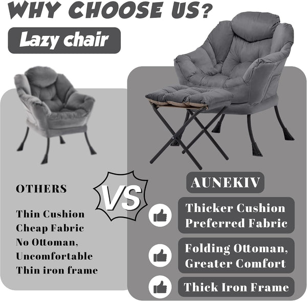 Lazy Chair with Ottoman, Comfy Reading Chair, Darkgrey | Cushioned Seat with Foldable Ottoman and Side Pocket, Lounge Chair for Bedroom, Living Room, Dorm and Small Spaces4