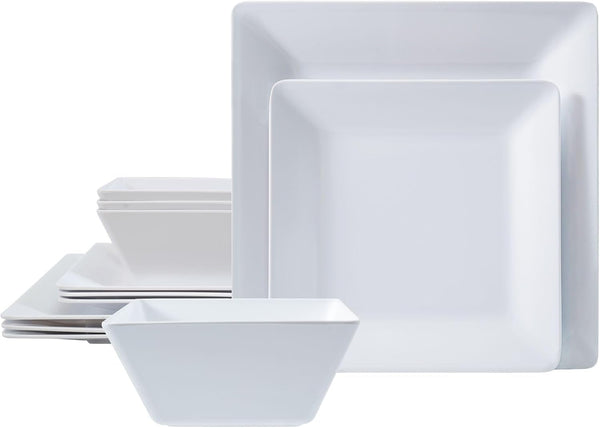 12-Piece Melamine Dinnerware Sets, Square, Service for 4, White1