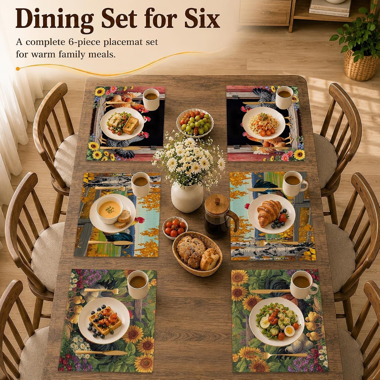 linen-placemats-set-of-6-farmhouse-chicken-sunflower-12-x-18-inch-dining-table-mats-washable-waterproof-stain-resistant-reusable-place-mats-for-kitchen-indoor-outdoor-home-party-decor