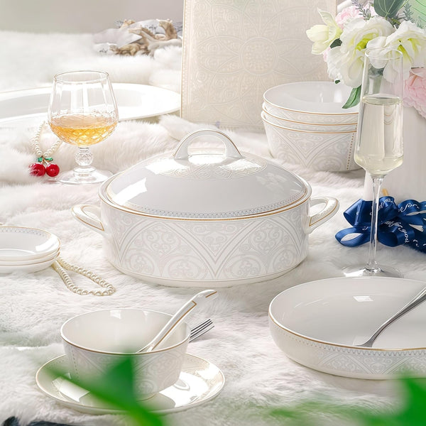 52 Pcs Fine Bone China Dinnerware Set,Porcelain&Ceramic Dinnerware Sets,Bone Stoneware&Ceramic Cookware Tableware Set Includes Dinner Plates|Spoons|Pasta Bowls|Soup Pot|Chopsticks5