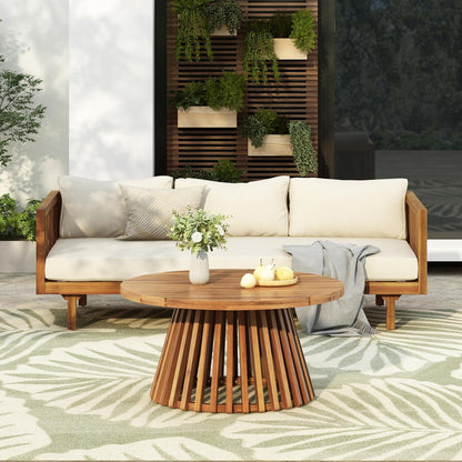 Claremont Patio Sofa and Coffee Table Set, 2 Piece Outdoor Patio Furniture Set with Cushion, Acacia Wood 3 Seater Outdoor Sofa Daybed and Coffee Table Set, Teak+Beige5