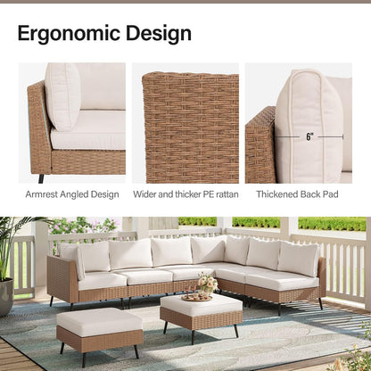 Outdoor Patio Furniture, 8 Piece Outdoor Sectional Sofa PE Rattan Wicker Patio Conversation Sets,All Weather Patio Furniture Set with Thick Cushions for Garden, Poolside, Backyard(Beige)2