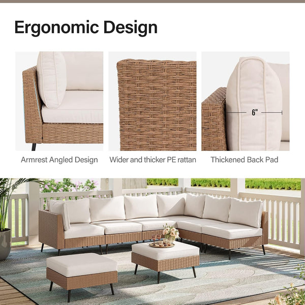 Outdoor Patio Furniture, 8 Piece Outdoor Sectional Sofa PE Rattan Wicker Patio Conversation Sets,All Weather Patio Furniture Set with Thick Cushions for Garden, Poolside, Backyard(Beige)2