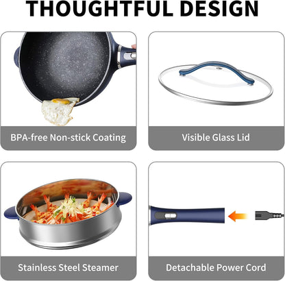 3-Quart Electric Hot Pot & Wok Nonstick with Steamer | Electric Skillet 1200W for Dorm, Home, Gifts (Includes Silicone Spatula) Multi-Cooker8