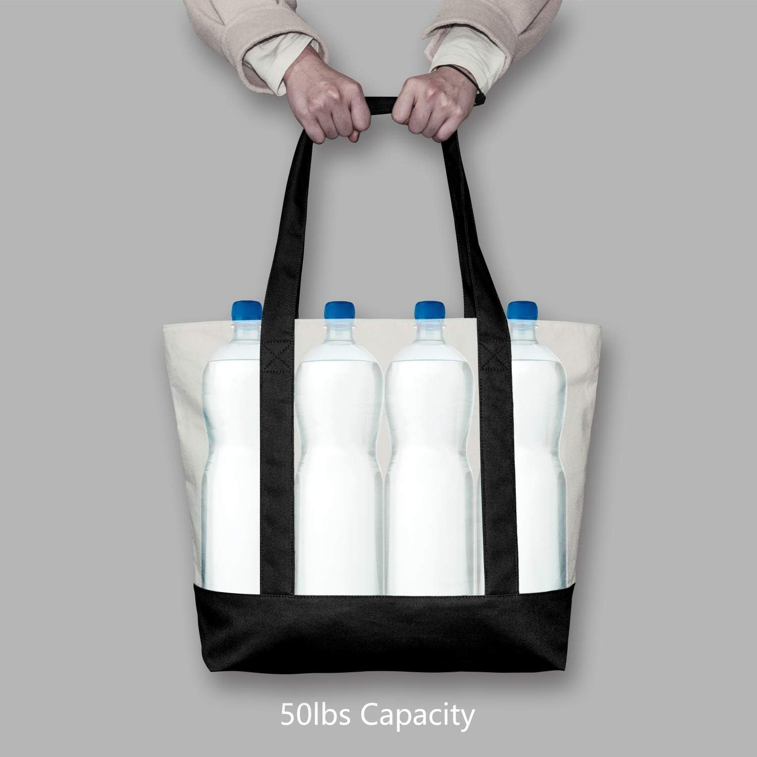 1-3-6-30-pack-canvas-tote-bag-with-an-external-pocket-reusable-grocery-shopping-bag-top-zipper-closure-daily-essentials-black-natural-pack-of-1