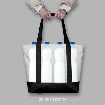1 | 3 | 6 | 30 Pack Canvas Tote Bag with an External Pocket, Reusable Grocery Shopping Bag, Top Zipper Closure, Daily Essentials (Black/Natural Pack of 1)6