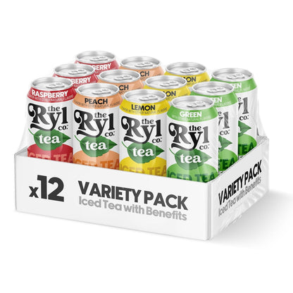 Ryl Iced Tea, Variety Fruit Tea Sampler (Peach/Raspberry/Lemon/Green) | Zero Sugar, Antioxidant Superblend, Zero Calorie, Low Carb, Non-Gmo, Kosher, Gluten Free, Made in the USA, 12-Pack, 16 Fl Oz1