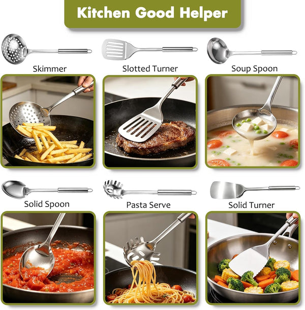 Stainless Steel Kitchen Utensils Set - 12Pcs Cooking Utensils Set with Holder, Heat Resistant Kitchen Tool Set for Cooking with Turners, Potato Masher, Spatula, Spoons, Tongs, Whisk5