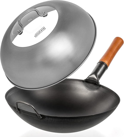 Black Carbon Steel Wok Pan 14“ (Round Bottom) + Wok Lid 13.6 Inch - Premium Stainless Wok Cover with Tempered Glass Insert Steam Holes and Ergonomic Handle1