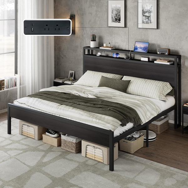 King Size Platform Bed Frame with Charging Station1