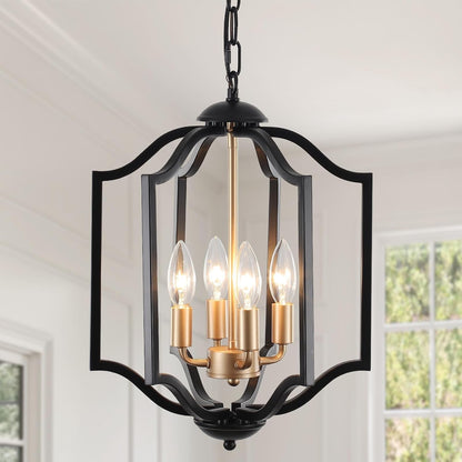 Black and Gold Chandelier Light Fixture, 4-Light Farmhouse Chandelier Dining Room Light Fixtures Rustic Hanging Small Entryway Pendant Light for Kitchen Island Foyer Living Room1