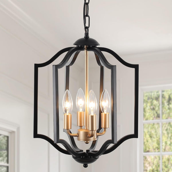 Black and Gold Chandelier Light Fixture, 4-Light Farmhouse Chandelier Dining Room Light Fixtures Rustic Hanging Small Entryway Pendant Light for Kitchen Island Foyer Living Room1