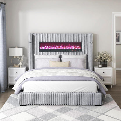 Corduroy Upholstered Bed Frame, Remote Fireplace, Built-In Speaker, Wingback Queen Bed Frame with Headboard, Wooden Slats, Box Spring Needed, Assembly Required, Two-Tone Gray5