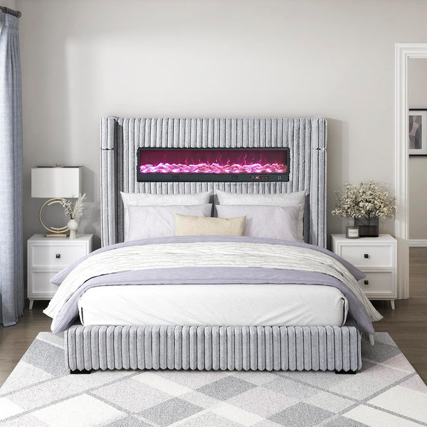 Corduroy Upholstered Bed Frame, Remote Fireplace, Built-In Speaker, Wingback Queen Bed Frame with Headboard, Wooden Slats, Box Spring Needed, Assembly Required, Two-Tone Gray5