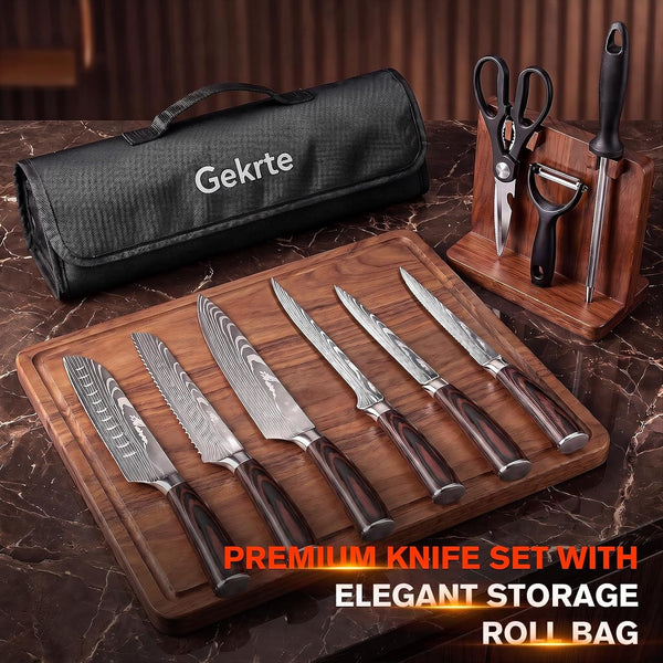 Kitchen Knife Set, 9 Pieces High Carbon Stainless Steel Chef Knife Set | Japanese Kitchen Knives Set with Roll Bag, Ergonomic Handle Dishwasher Safe Knives Set for Kitchen, Camping, Outdoor BBQ6