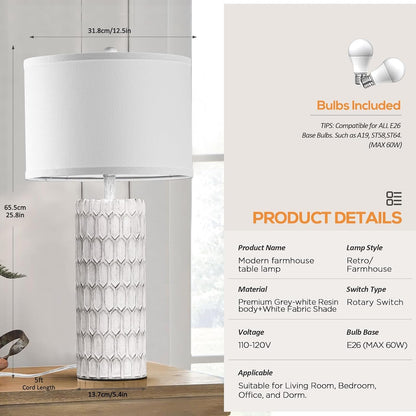26" Modern Farmhouse Table Lamps for Living Room Set of 2, Rustic Antique Bedside Lamps for Bedroom Nightstand, Grey-White Resin Traditional Table Lamps with White Fabric Shade, Bulbs Included7