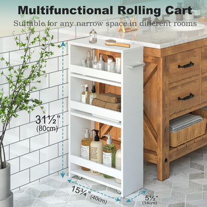 Slim Rolling Storage Cart, Wood Utility Kitchen Bathroom Laundry Cart | 4 Tier Kitchen Cart with Wheels Handle, Laundry Room Organization, Narrow Bathroom Storage Cabinet, 5.5" Wide Storage Trolley5