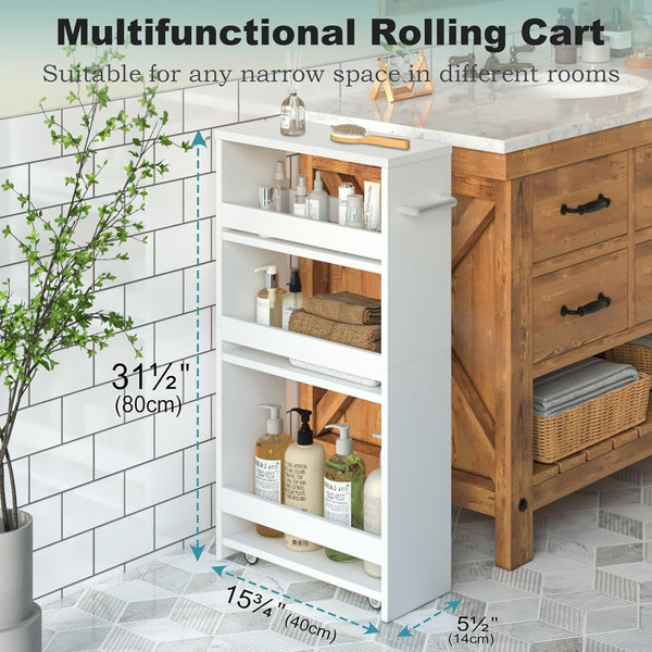 Slim Rolling Storage Cart, Wood Utility Kitchen Bathroom Laundry Cart | 4 Tier Kitchen Cart with Wheels Handle, Laundry Room Organization, Narrow Bathroom Storage Cabinet, 5.5" Wide Storage Trolley5