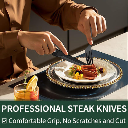 24-Piece Black Silverware Set with Steak Knives, Black Flatware Set for 4, Food-Grade Stainless Steel Tableware Cutlery Set, Mirror Finished Utensil Sets for Home Restaurant, round Edge4