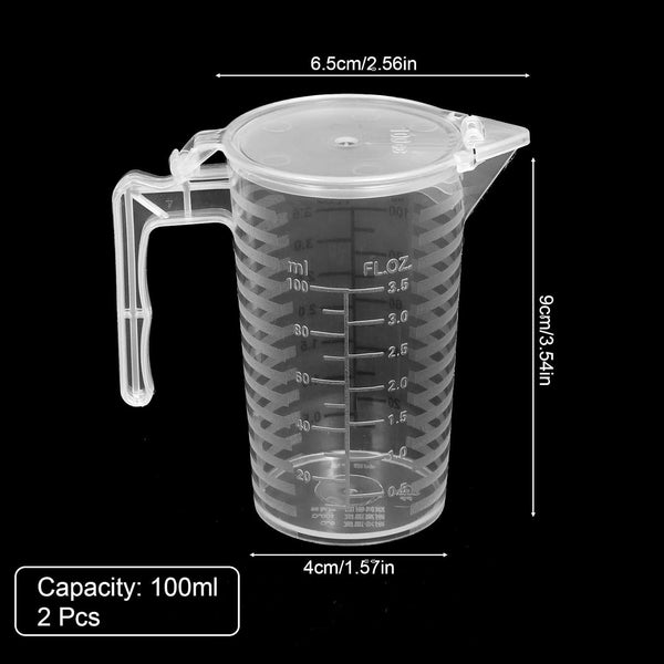 2 Pcs Measuring Cup with Lid 100Ml PP Plastic Ml & Oz Measuring Cup for Liquid Double Sided Graduated Beaker with Handle and Spout for Lab Home Kitchen (3.5Oz/100Ml)2