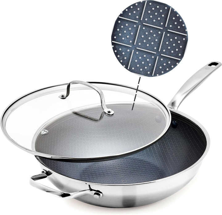 Hybrid Nonstick Stainless Steel 12” Wok with Lid, Pfas-Free Ceramic Diamond Bond Stir-Fry Pan, Induction Ready, Dishwasher & Oven Safe, Metal Utensil Safe, Stay-Cool Handle, Silver