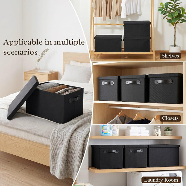 Fabric Storage Bins with Lids, Heavy Duty Collapsible Organizer Bins for Shelves, Stackable Closet Woven Baskets with Handles, 25L Rectangle Boxes for Bedroom Office, Cube Home Decor (Black 2 Pack)5