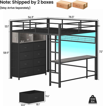 Loft Bed Full Size with Desk and 8 Storage Drawers, Grey2