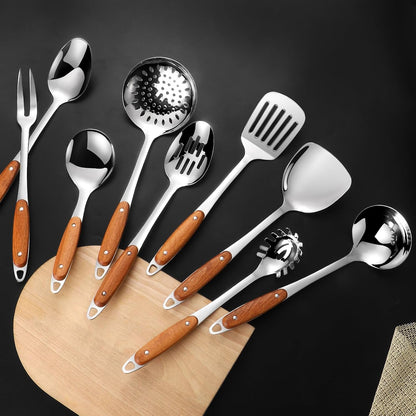 304 Stainless Steel Cooking Utensils Set,9Pcs Metal Kitchen Utensils Set with Wooden Handle,Solid Spoon,Spatula,Ladle,Skimmer Spoon,Spaghetti Spoon,Dishwasher Safe3