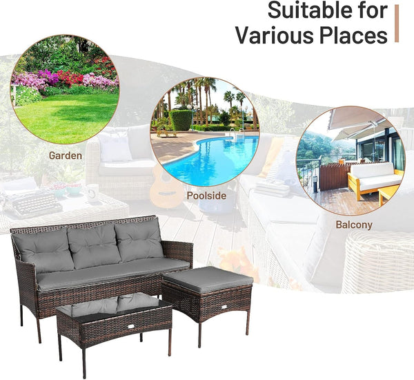 3 Pieces Patio Furniture Sectional Set, Rattan Wicker Conversation Set W/ 5 Cozy Seat & Back Cushions, Tempered Glass Coffee Table for Poolside, Balcony, Backyard Outdoor Furniture (Gray)9