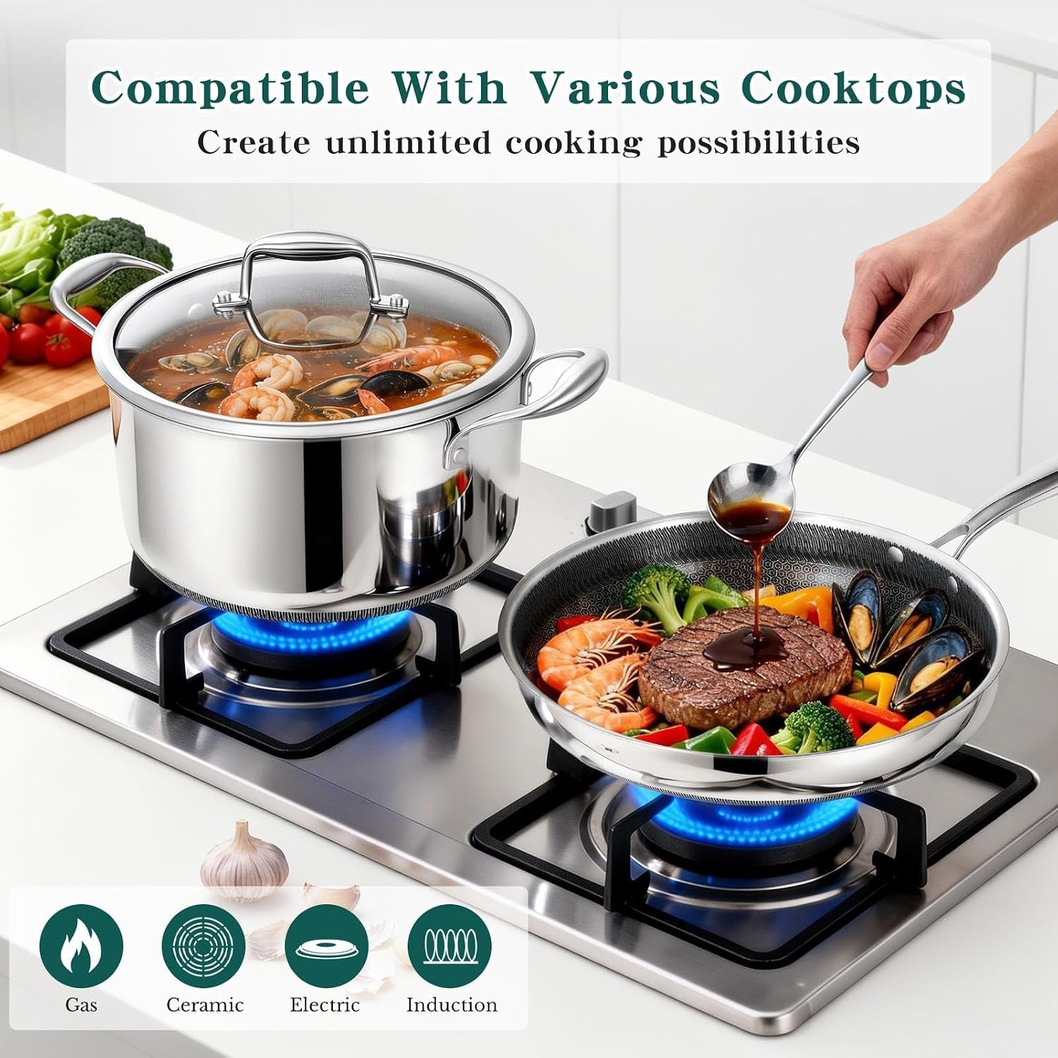 14-piece-hybrid-stainless-steel-cookware-set-with-3-silicone-trivets-heavy-duty-pots-and-pans-set-induction-compatible-oven-dishwasher-safe-pfoa-free