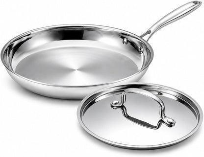 12 Inch Tri-Ply Stainless Steel Frying Pan with Lid | Large Induction Skillet, Non Toxic No Coating Chef'S Pan, Oven & Dishwasher Safe, All Cooktops Compatiable, Polish Silver1