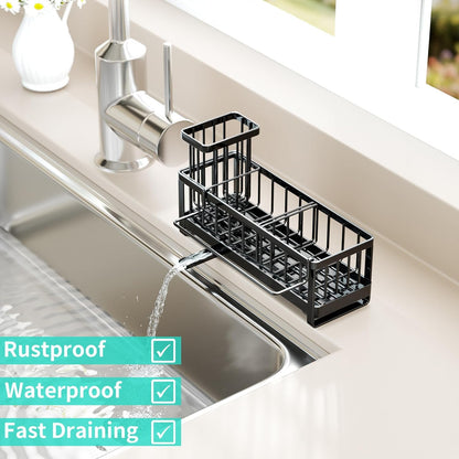 Sponge Holder for Kitchen Sink - Self-Draining Sink Caddy with Brush and Dishcloth Holders, Stainless Steel Kitchen Countertop Organizers and Storage Essentials - Black7