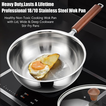 5-Ply Stainless Steel Wok Pan with Lid, Wide & Deep Cookware Stir-Fry Pans, Non-Stick Wok, Scratch-Resistant Pans for Cooking,Compatible with All Cooktops,Wok,8.66In3