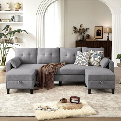 Convertible Sectional Sofa Couch, 101" U Shaped Couch with Storage Chaise and Side Pocket, Modern Polyester 4-Seat Reversible Sofa Set for Living Room, Light Grey6
