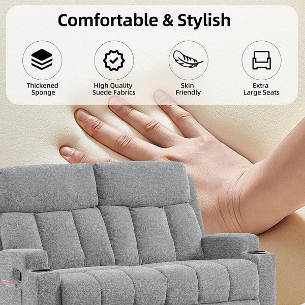 Manual Recliner Sofa Set, Soft Fabric Reclining Loveseat with Side Pockets and Cup Holders, 2 Seat Reclining Couch for Living Room, Office, Light Grey6
