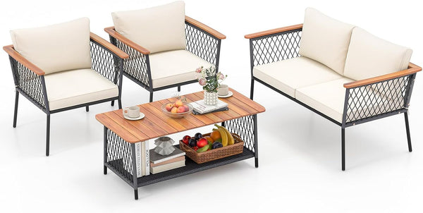 4 Piece Patio Furniture Set, Patiojoy Rattan Chair Set W/ 2-Tier Coffee Table, Acacia Wood Armrests & Tabletop, Soft Seat & Back Cushions, Outdoor Wicker Conversation Set1