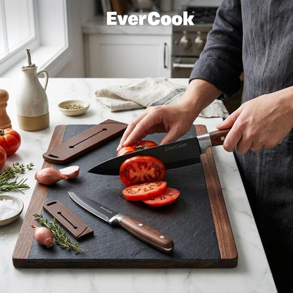4-Piece Kitchen Knife Set - 6" Chef, 3.5" Paring & 2 Sheaths | Black-Coated Stainless Steel Cutlery, Brown Wood-Pattern Handles, Hollow-Ground Blades, Soft TPR Grip, Comfortable Control8