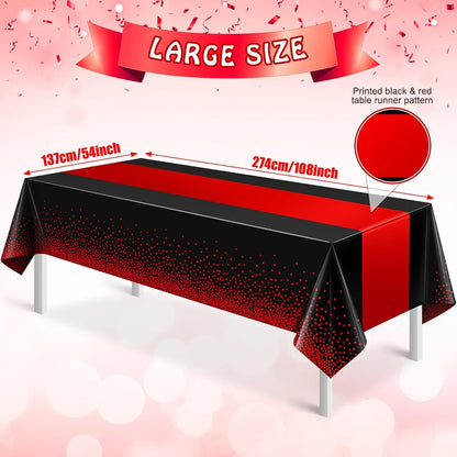 3Pcs Black and Red Tablecloth Party Decorations,Plastic Black Table Cloth Printed Red Table Runner Disposable Rectangle Cover for Birthday Weeding Anniversary Graduation Party,54 X108 Inch2