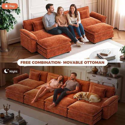 120" Oversized Modular Sectional Sofa, Comfy U-Shaped Cloud Couch W/ 2 Movable Ottoman, 5-Seater Chenille Deep Seat Modern Sofa Couch for Living Room, DIY Combination, Terracotta Orange3