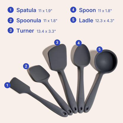 5-Piece Silicone Kitchen Utensils Set, Non-Toxic Cooking Utensils for Cooking and Baking, Heat Resistant, Food Grade, Dishwasher Safe Rubber Spatula, Ladle, Spoon - Charcoal6